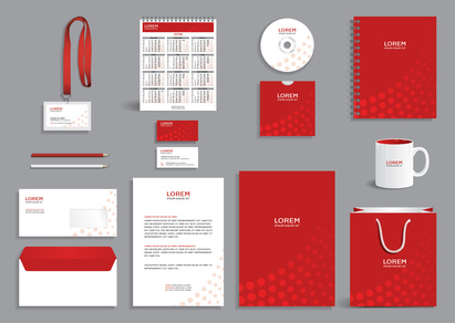 Business stationery set template, corporate identity design mock-up, stationery set with red pattern with circles, vector illustration